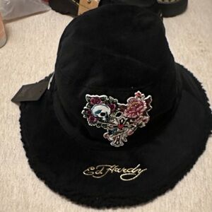 Ed Hardy Black Hat with Embroidered Skull and Flowers